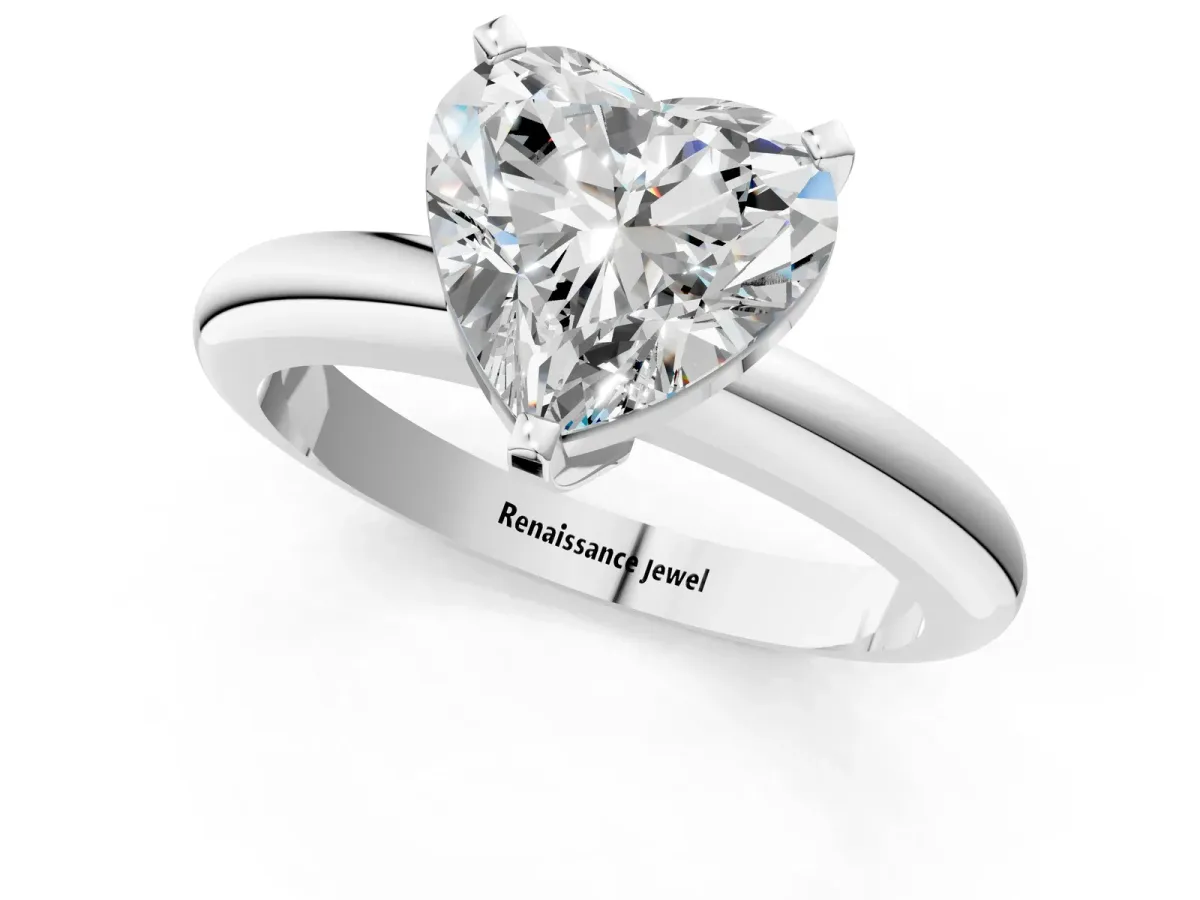 Heart Cut Diamond Solitaire Engagement Ring with Round Band and Four-Prong Setting Silver