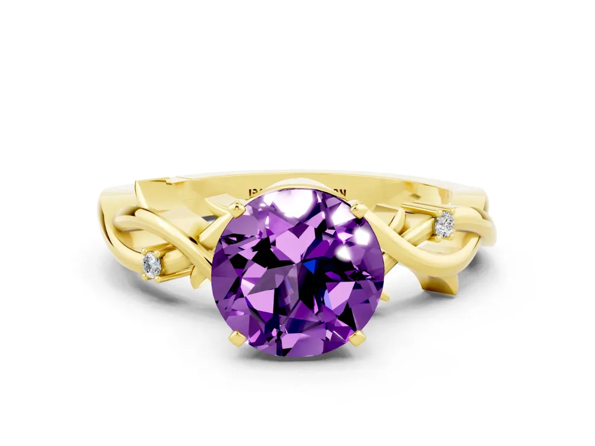 Round Cut Amethyst Solitaire Ring with Twisted Band and Prong Setting Yellow gold