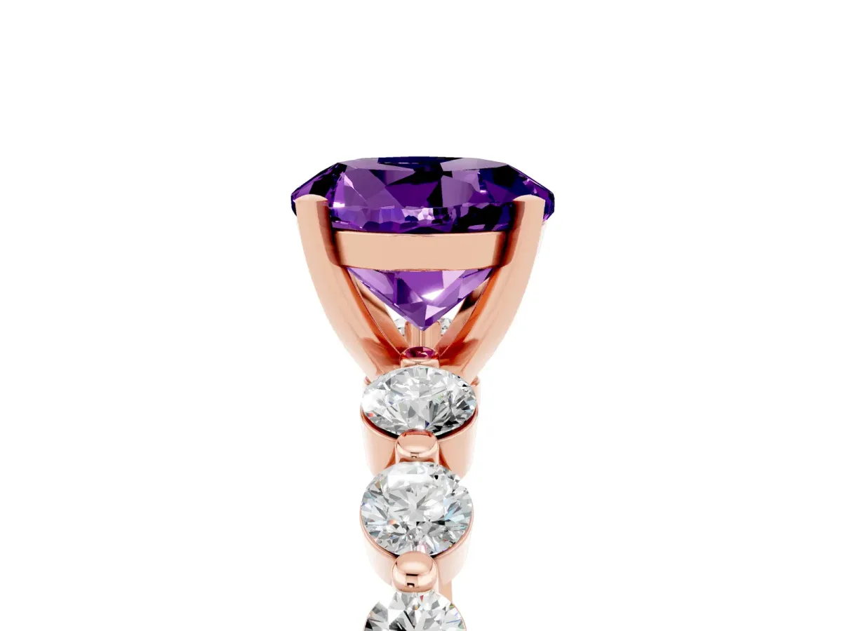 Round Cut Solitaire Amethyst Ring with Pave Band and Four-Prong Setting Rose gold