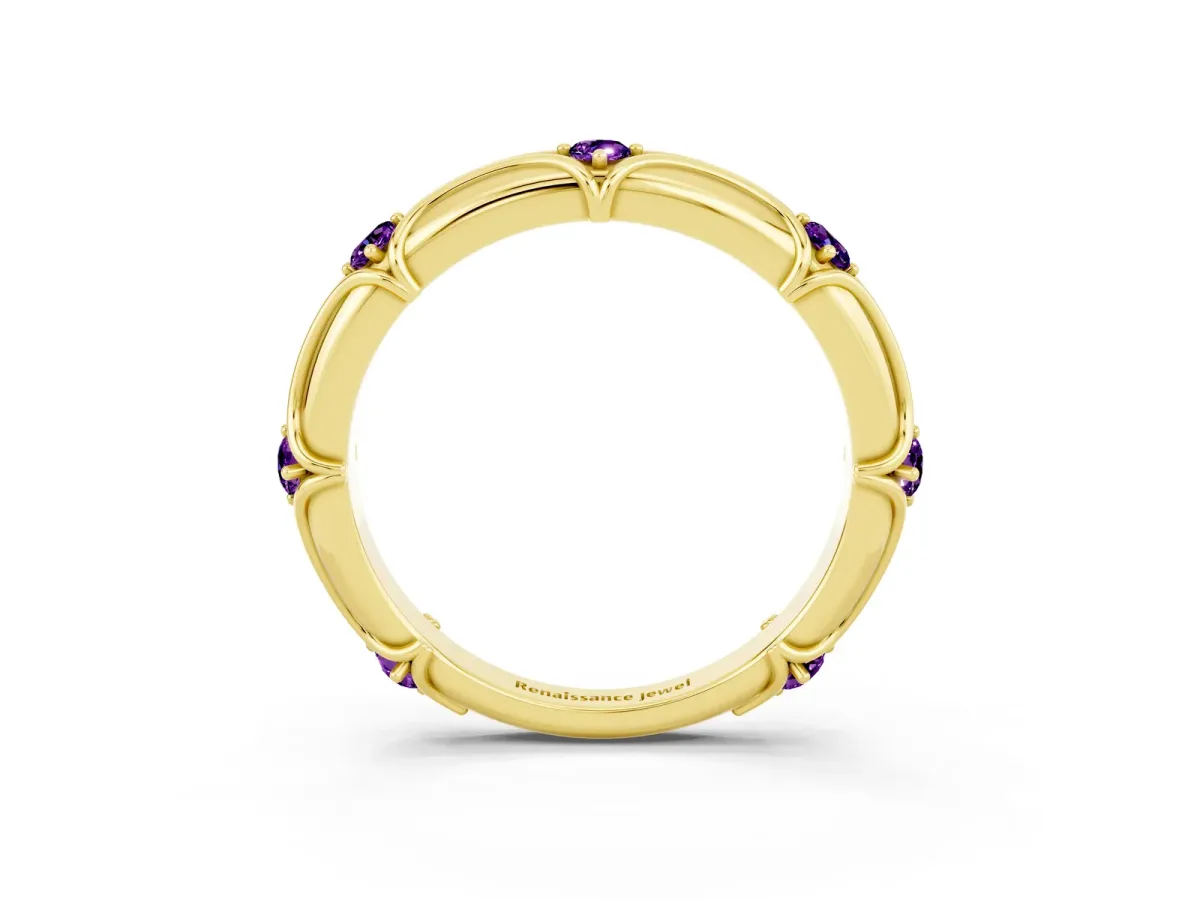 Round Amethyst Prong Set Milgrain Eternity Band Yellow gold