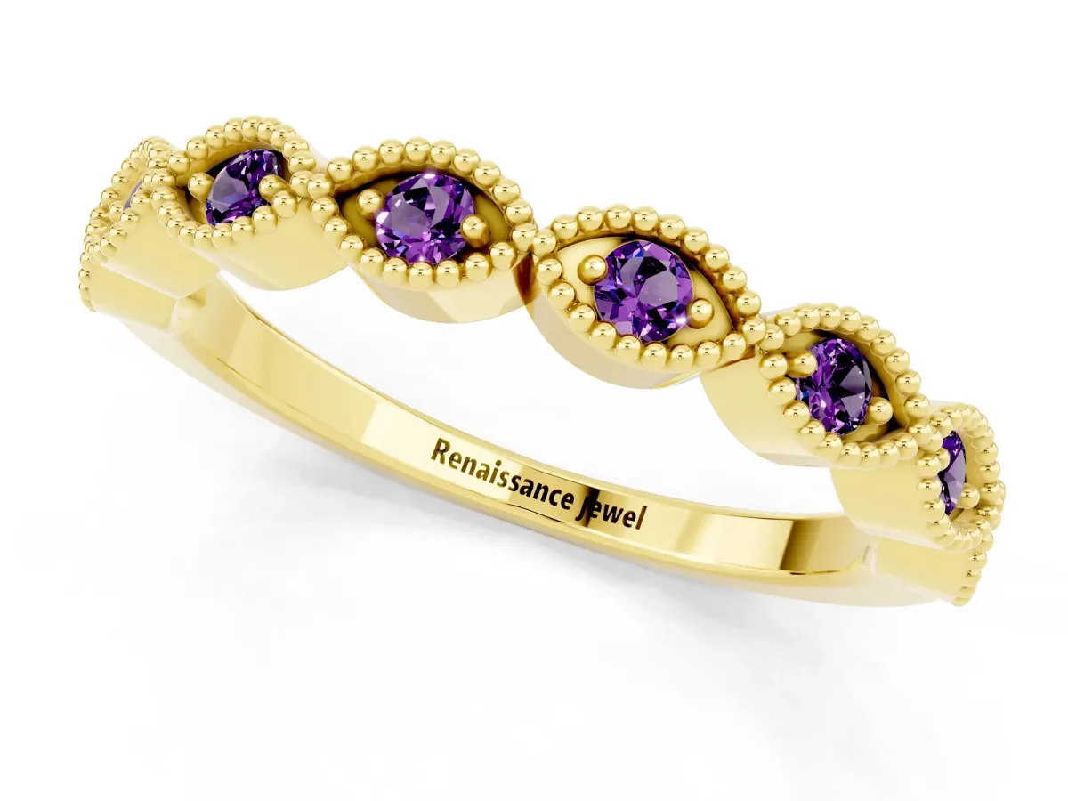Milgrain Marquise Amethyst Half Eternity Band with Bezel Setting Yellow gold