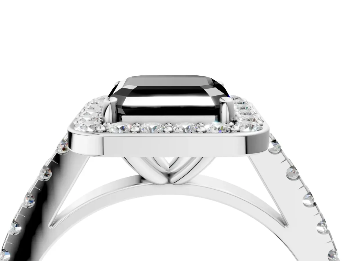 Fancy Black Asscher Cut Diamond Halo Ring with Round Pavé Split Shank and Prong Setting Platinum