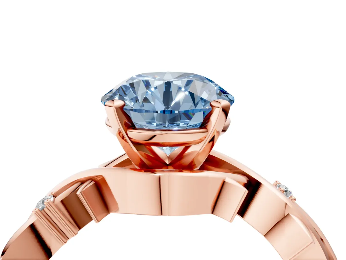 Fancy Blue Round Cut Diamond Solitaire Ring with Twisted Band and Prong Setting Rose gold
