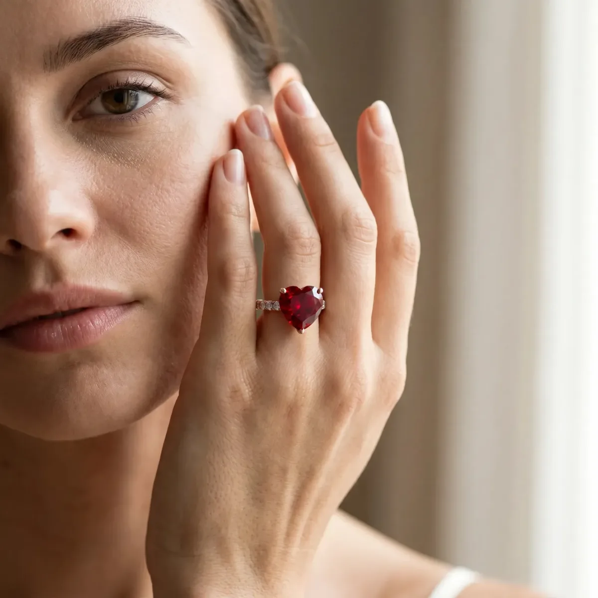 Heart Cut Ruby Solitaire Ring with Round Pavé Band and Four-Prong Setting Rose gold