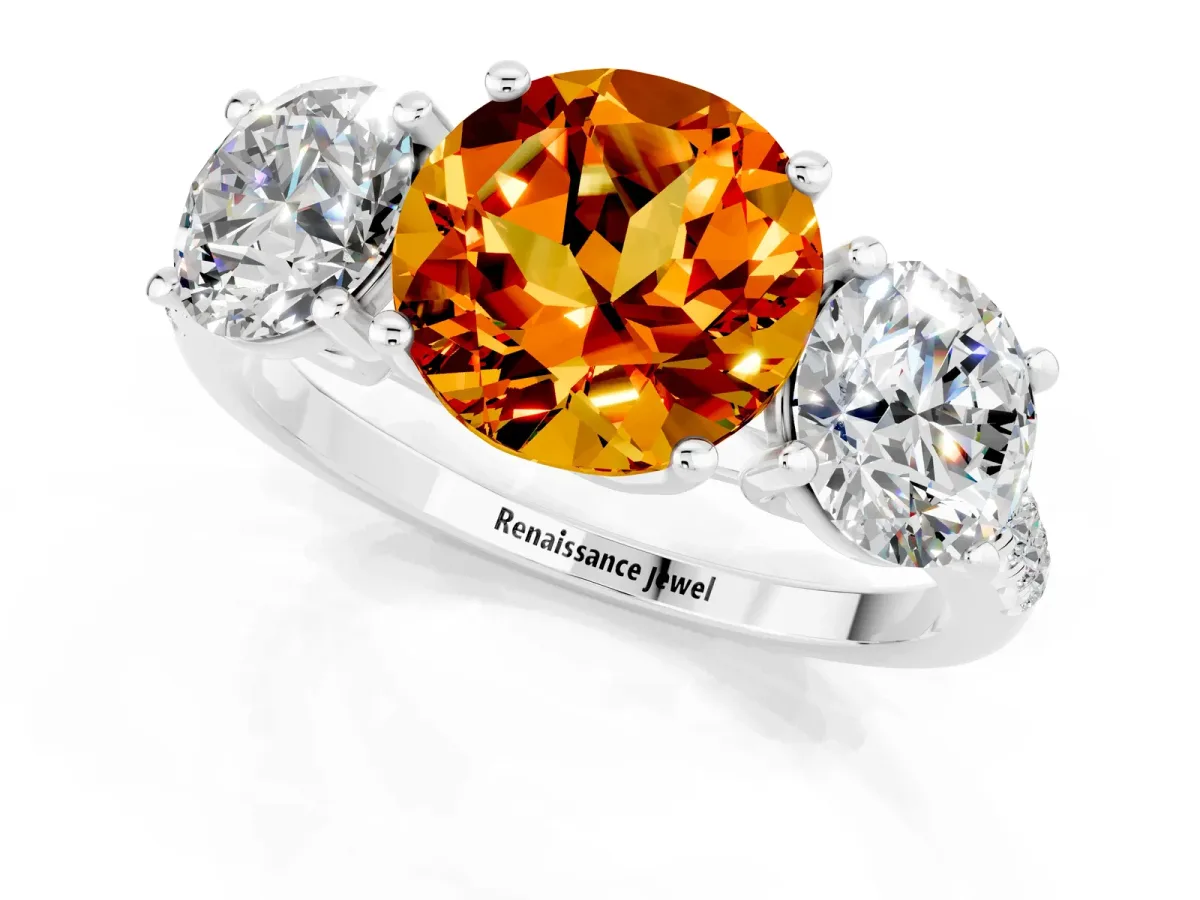Three-Stone Round Cut Citrine Ring with Round Pavé Band and Prong Setting Platinum