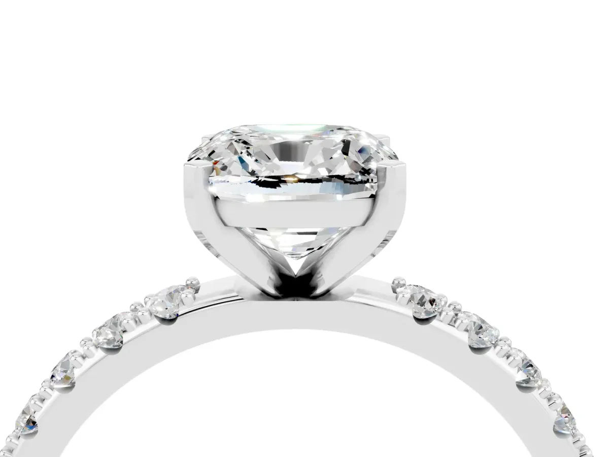 Cushion Cut Moissanite Solitaire Pavé Band with Four-Prong Setting Silver