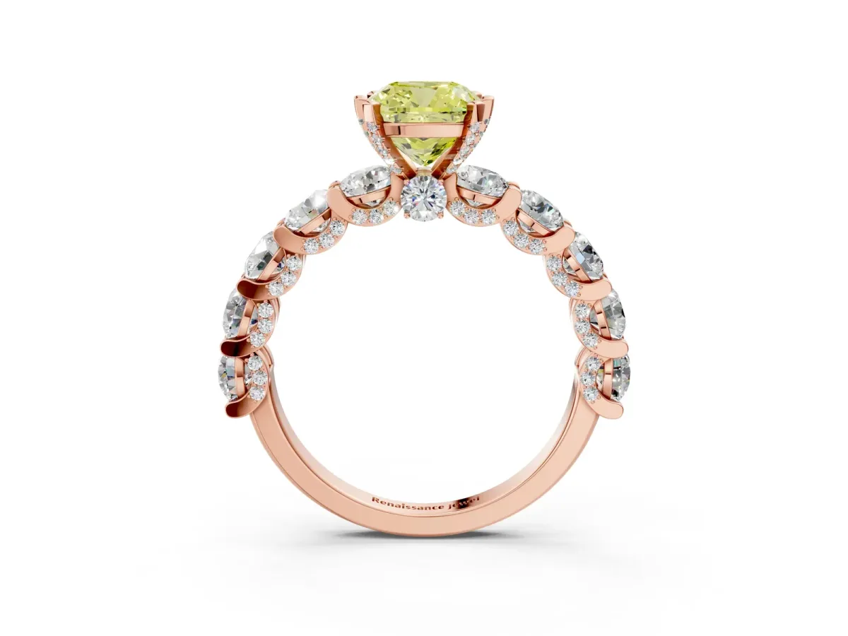 Fancy Yellow Cushion Cut Diamond Side Stone Engagement Ring with Four-Prong Setting Rose gold