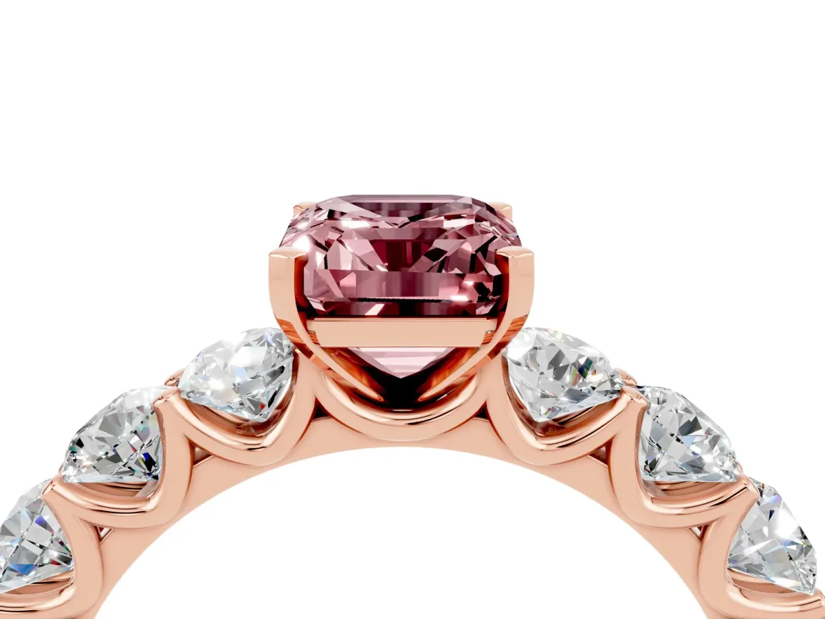 Emerald Cut Morganite Prong Setting with Side Stones on a Pave Band Rose gold