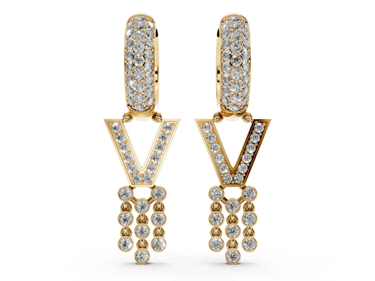 Round Diamond Initial V Huggie Hoop Earrings Yellow gold