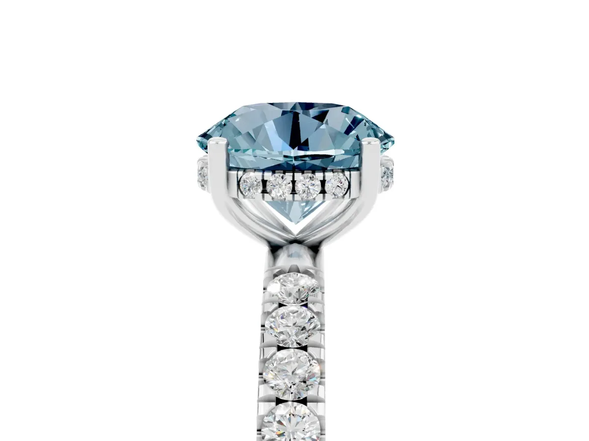 Round Cut Aquamarine Pave Band Solitaire Ring with Round and Prong Setting Silver