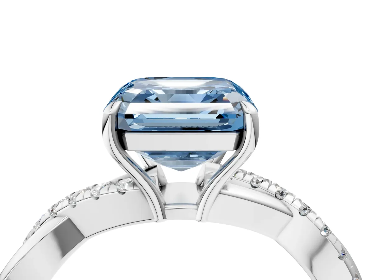 Fancy Blue Asscher Cut Cut Diamond Twisted Band with Pavé Setting and Four-Prong Setting Platinum