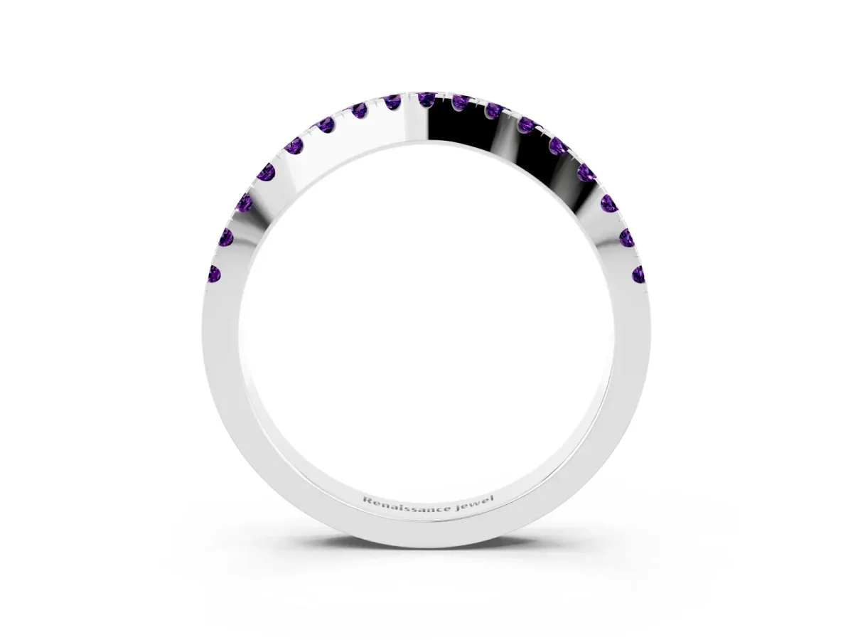 Round Amethyst Pavé Curved Band with Shared Prong Setting Silver