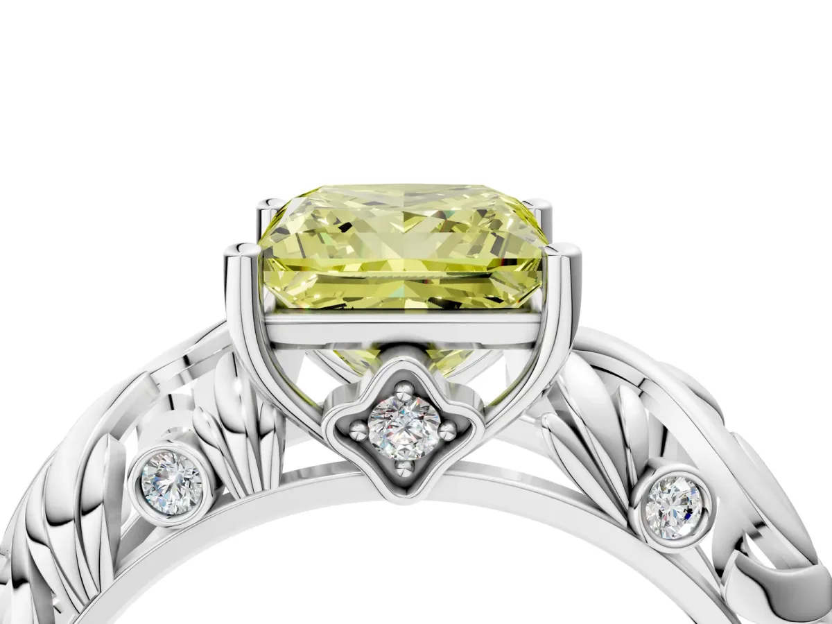 Fancy Yellow Princess Cut Solitaire Diamond Leaf-Inspired Vine Band Ring with Prong Setting White gold