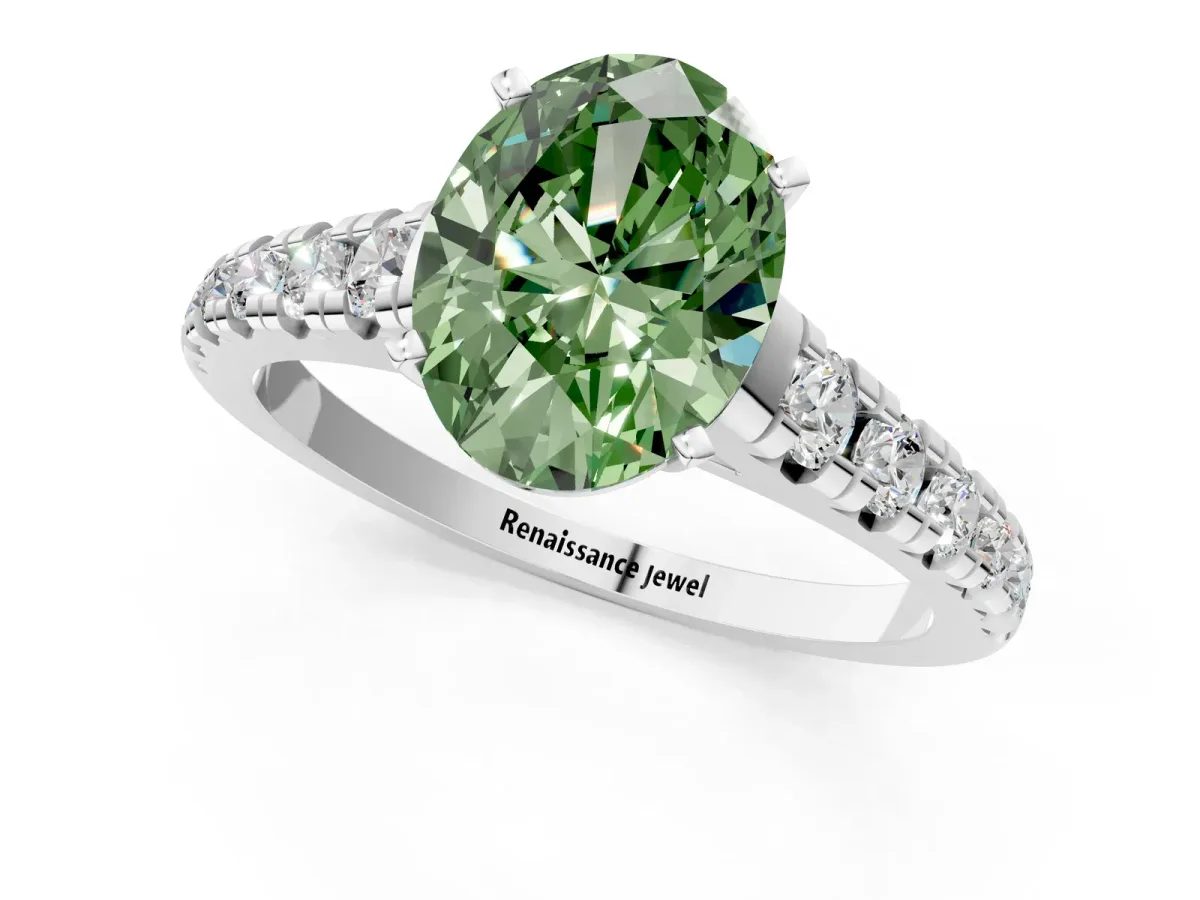 Fancy Green Oval Cut Diamond Cathedral Solitaire Ring with Round Pavé Band Silver