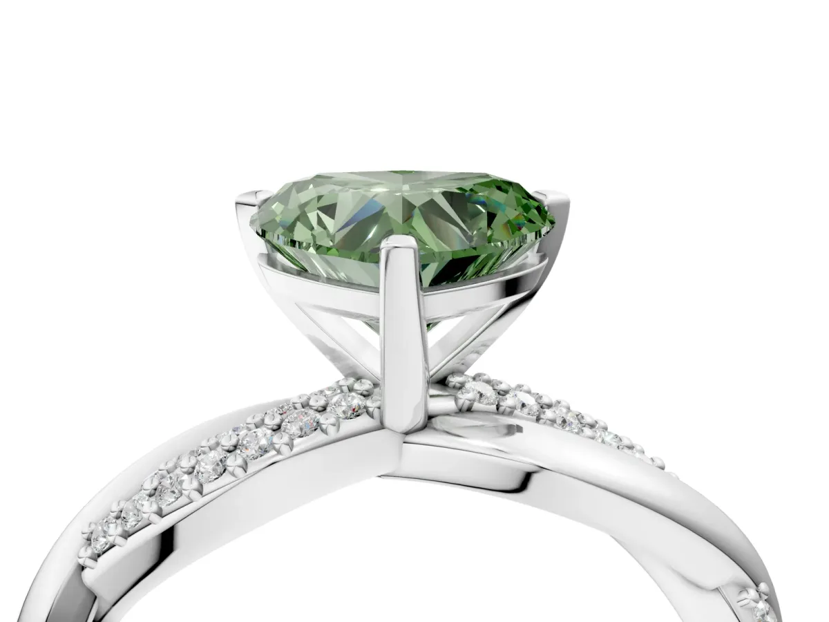 Fancy Green Heart Cut Solitaire Twist Band with Pave Prong Setting Platinum