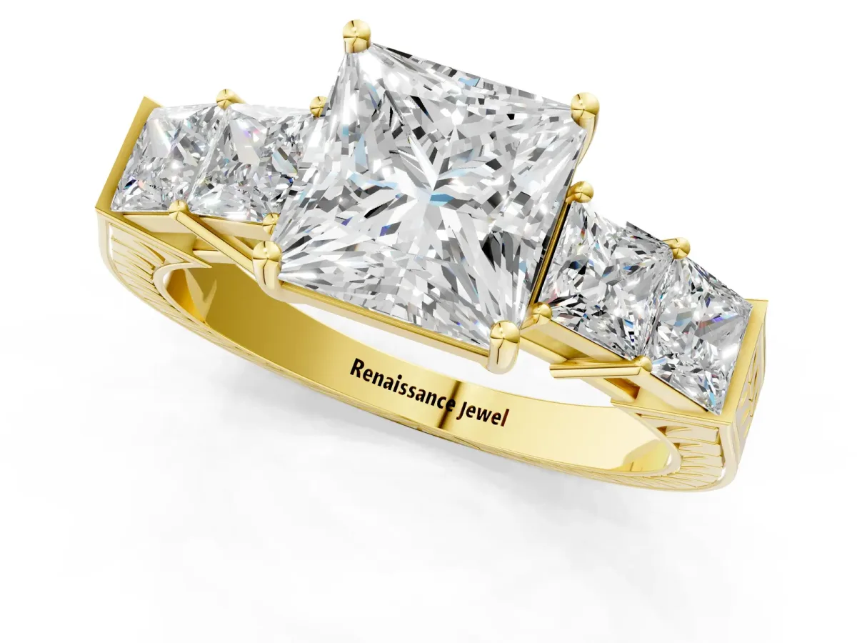 Princess Cut Solitaire Princess Side Stone Engraved Band Prong Setting Ring Yellow gold