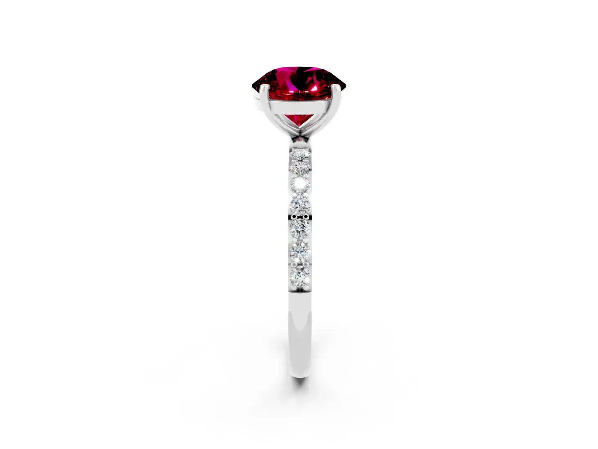 Round Cut Garnet Solitaire Ring with Round Pavé Band and Prong Setting Platinum