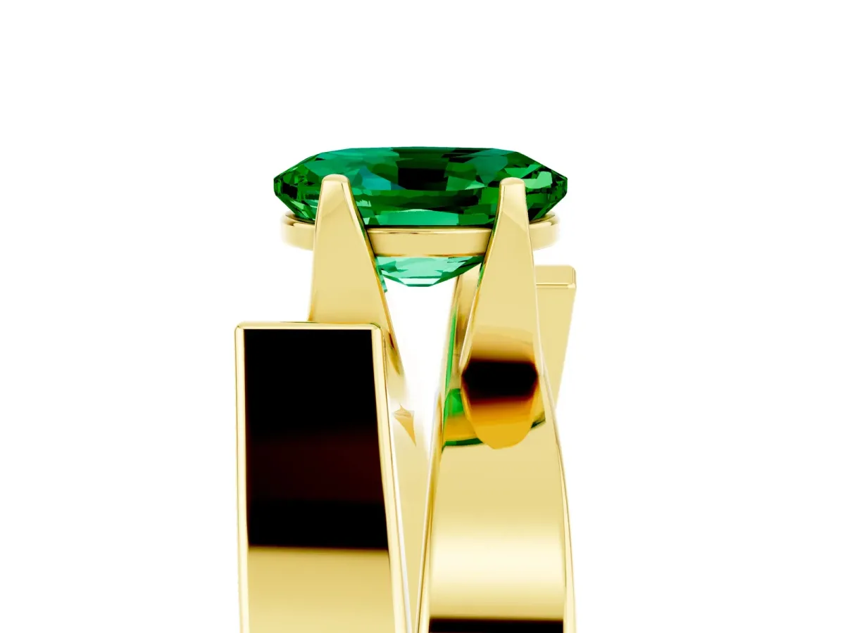 Modern Tension Set Oval Cut Emerald Solitaire Wide Band Ring Yellow gold