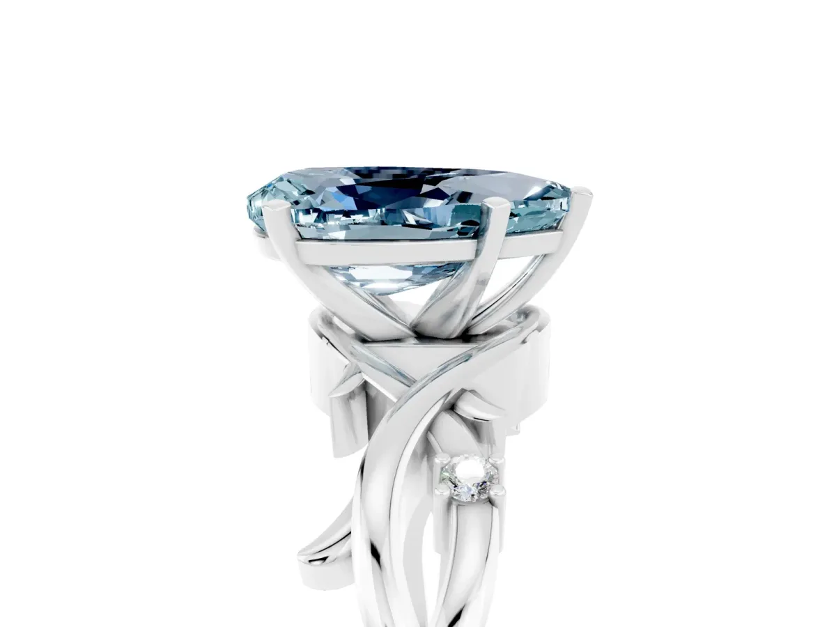 Pear Cut Aquamarine Solitaire Ring with Twisted Band and Prong Setting Platinum