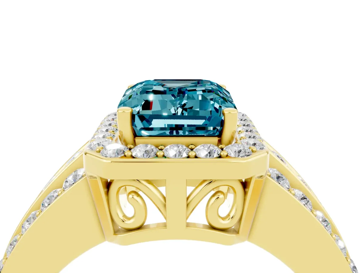 Emerald Cut Halo Blue Topaz Ring with Round Split Shank and Prong Setting Yellow gold
