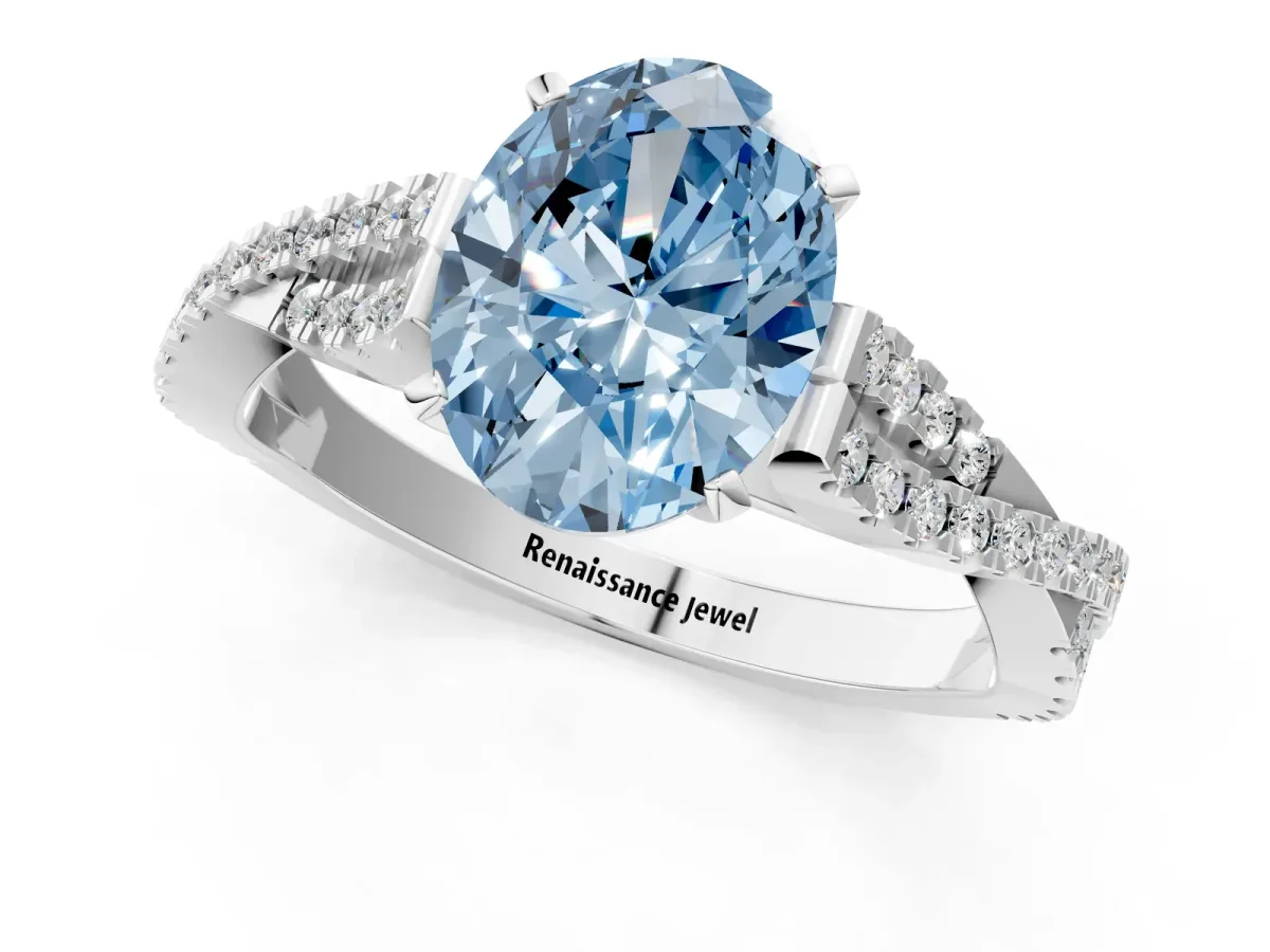 Fancy Blue Oval Cut Diamond Solitaire Engagement Ring with Twisted Pavé Band and Four-Prong Setting Silver