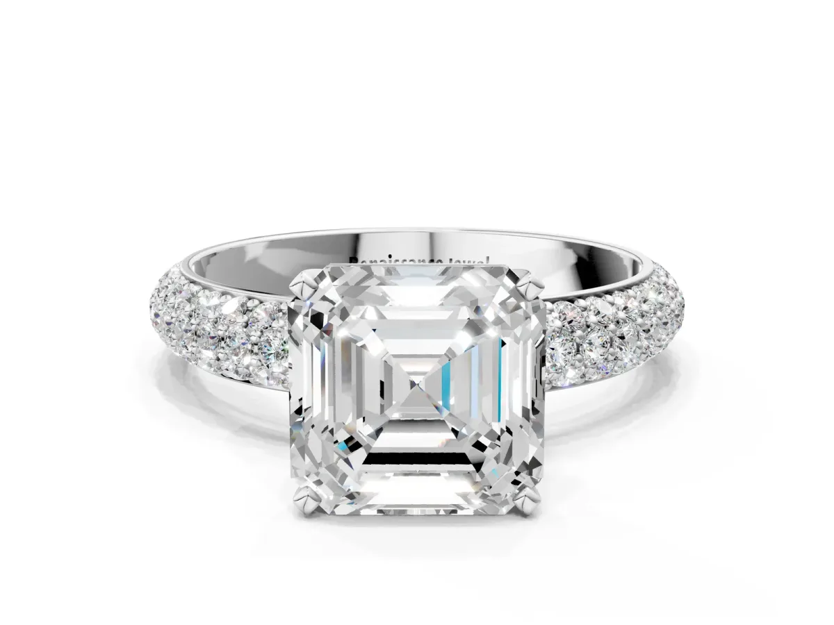 Asscher Cut Diamond Solitaire Ring with Prong Setting and Pavé Band Platinum