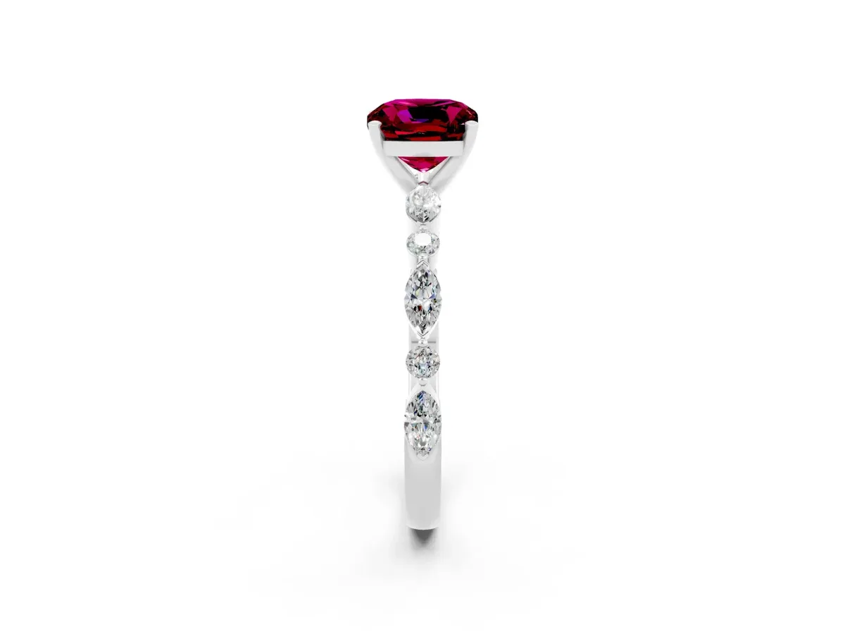 Cushion Cut Garnet Ring with Marquise and Round Side Stones and Four-Prong Setting Silver