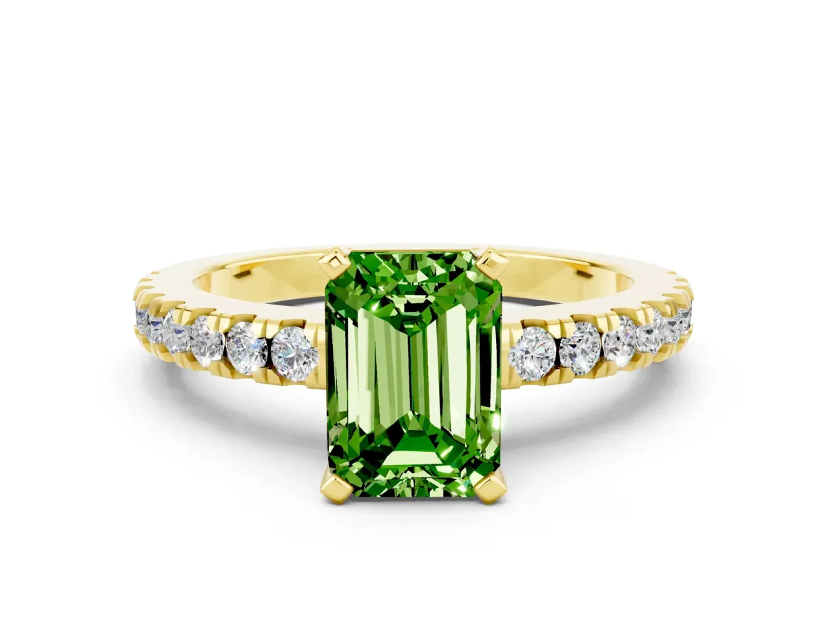 Emerald Cut Solitaire Peridot with Pavé Band and Four-Prong Setting Yellow gold