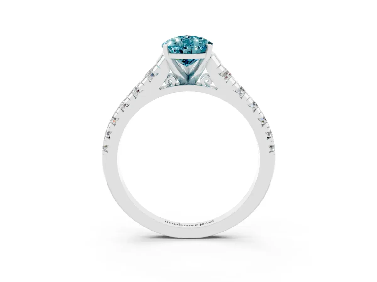 Pear Cut Blue Topaz Cathedral Solitaire Ring with Round Pavé Band Silver