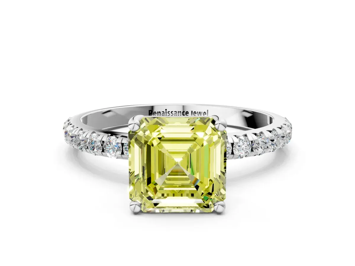 Fancy Yellow Asscher Cut Cut Diamond Solitaire Ring with Micro Pave Band and Four Prong Setting Platinum
