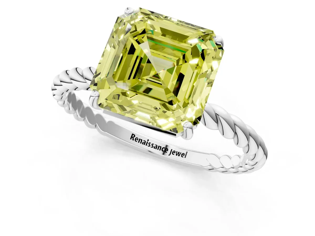 Fancy Yellow Asscher Cut Solitaire Twisted Band 4-Prong Ring Platinum