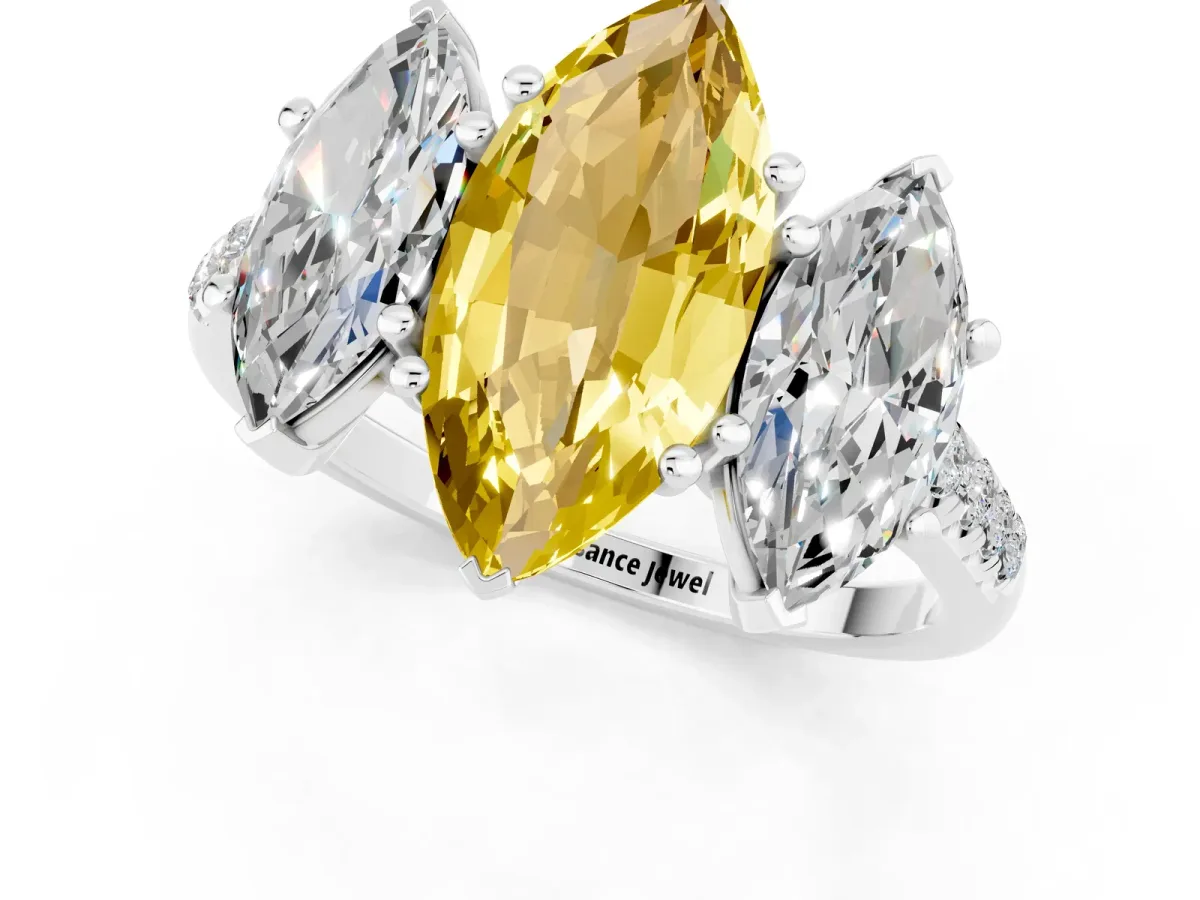 Three-Stone Marquise Cut Yellow Sapphire Ring with Round Pavé Band and Prong Setting Silver