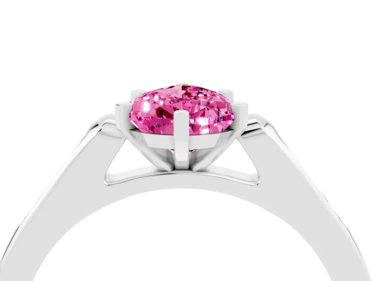 Pear Cut Pink Sapphire Solitaire Ring with Channel Set Round Band and Prong Setting Silver