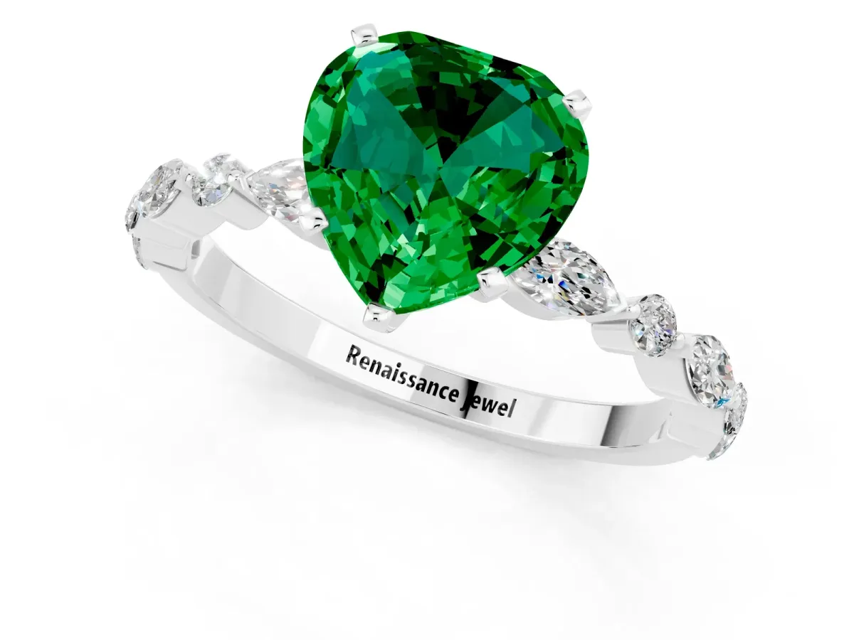 Heart Cut Emerald Ring with Marquise and Round Side Stones and Four-Prong Setting Silver