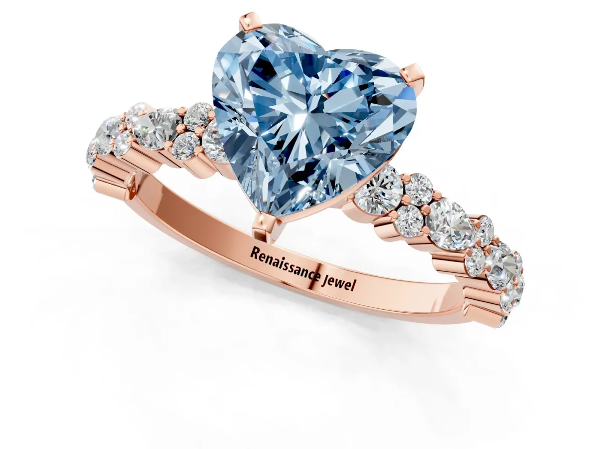 Fancy Blue Heart Cut Diamond Side Stone Solitaire Ring with Round and Four-Prong Setting Rose gold