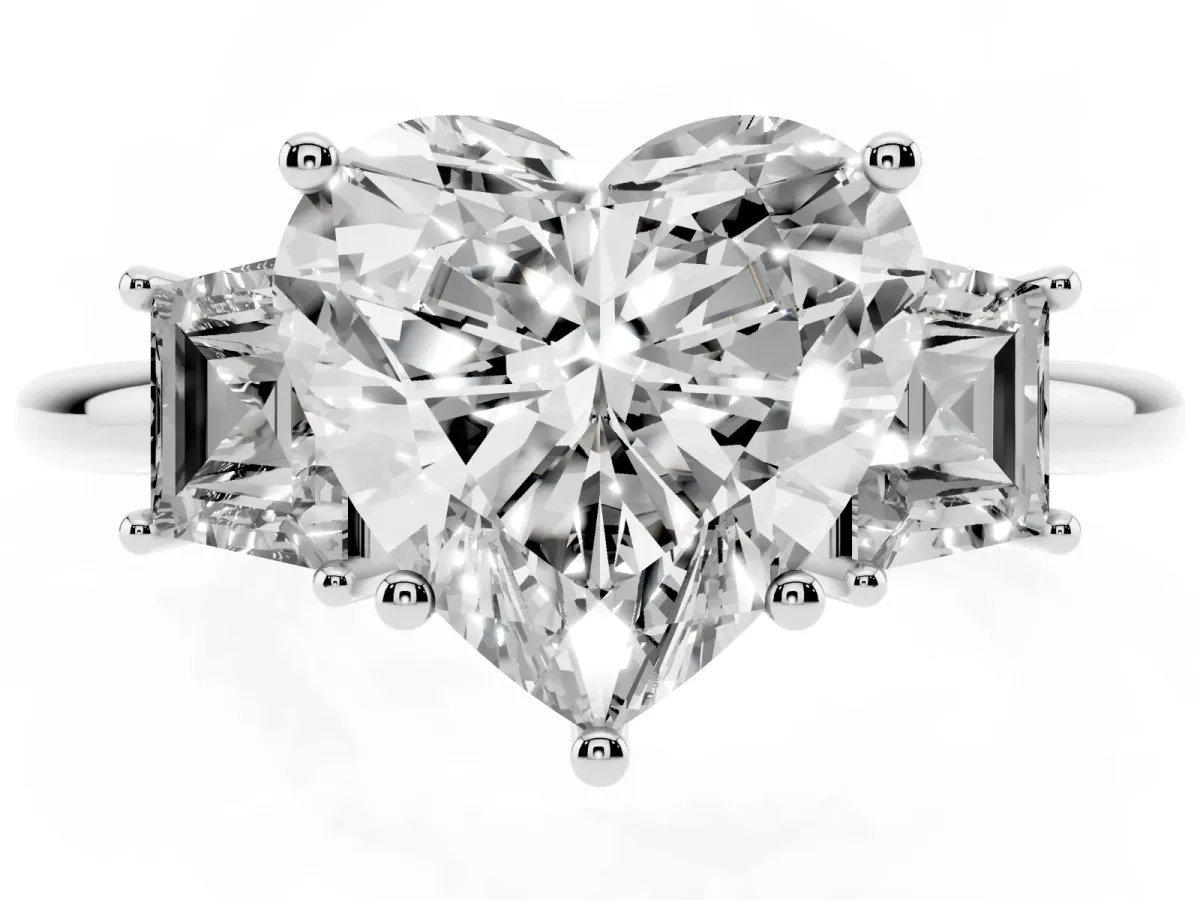 Heart Cut Diamond Three-Stone Ring with Trapezoid Side Stones and Prong Setting Platinum