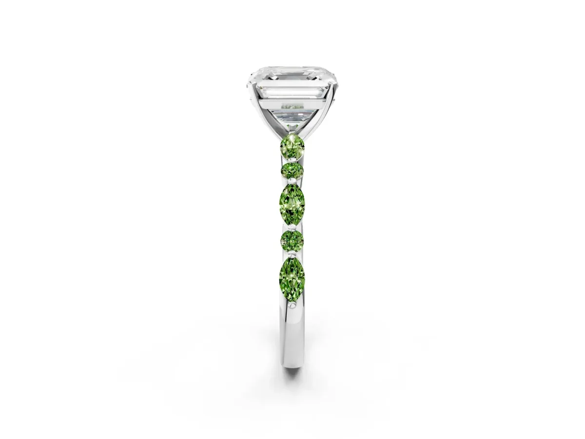 Asscher Cut Diamond Ring with Marquise and Round Peridot Side Stones and Four-Prong Setting Silver