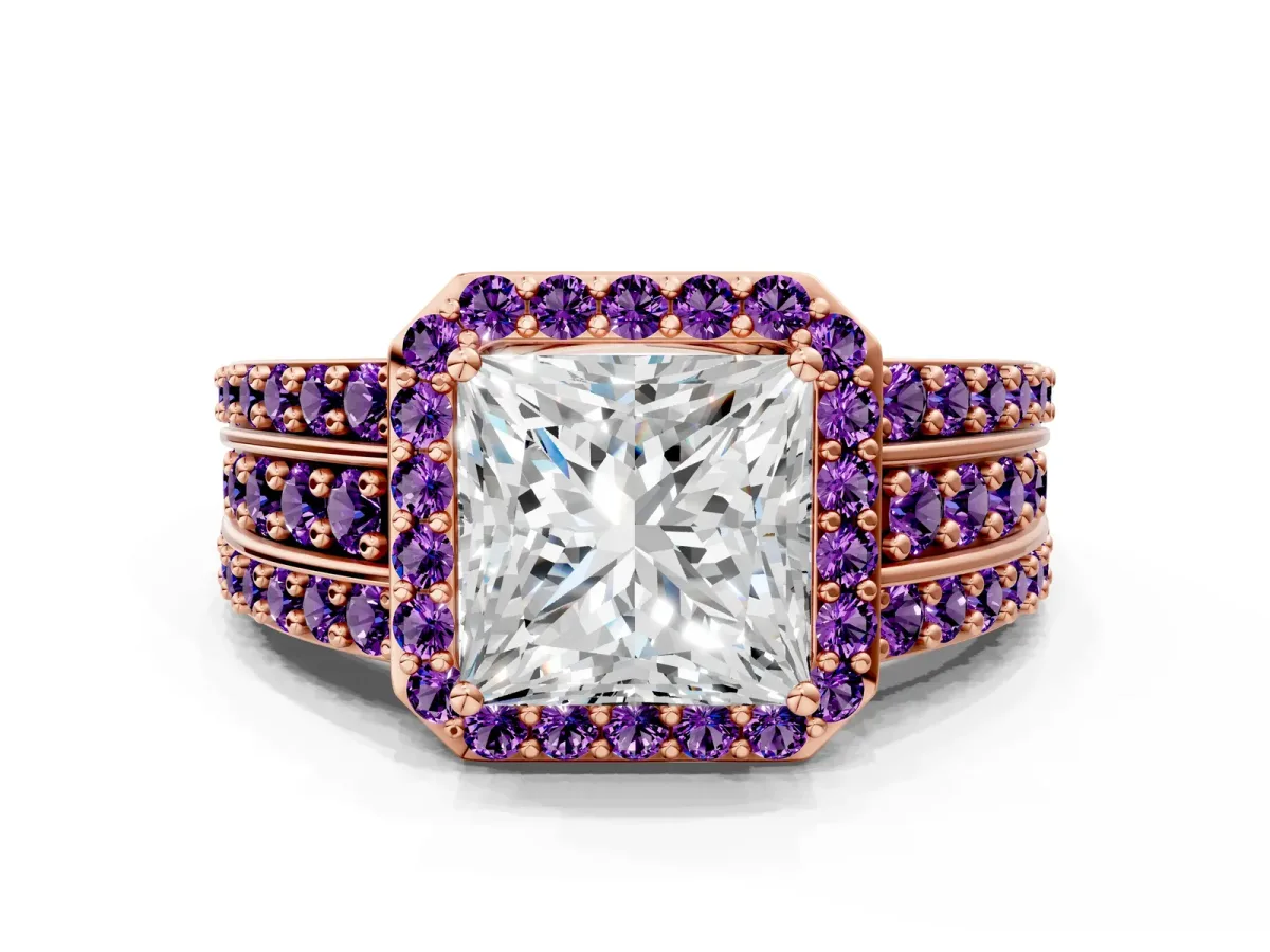 Princess Cut Halo Diamond Ring with Round Amethyst Split Shank and Prong Setting Rose gold