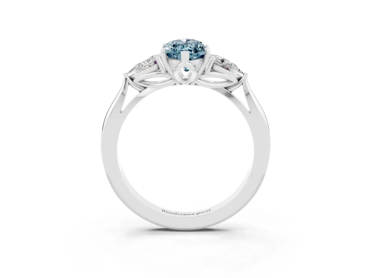 Marquise Cut Aquamarine Three-Stone Ring with Pear Side Stones and Prong Setting Silver