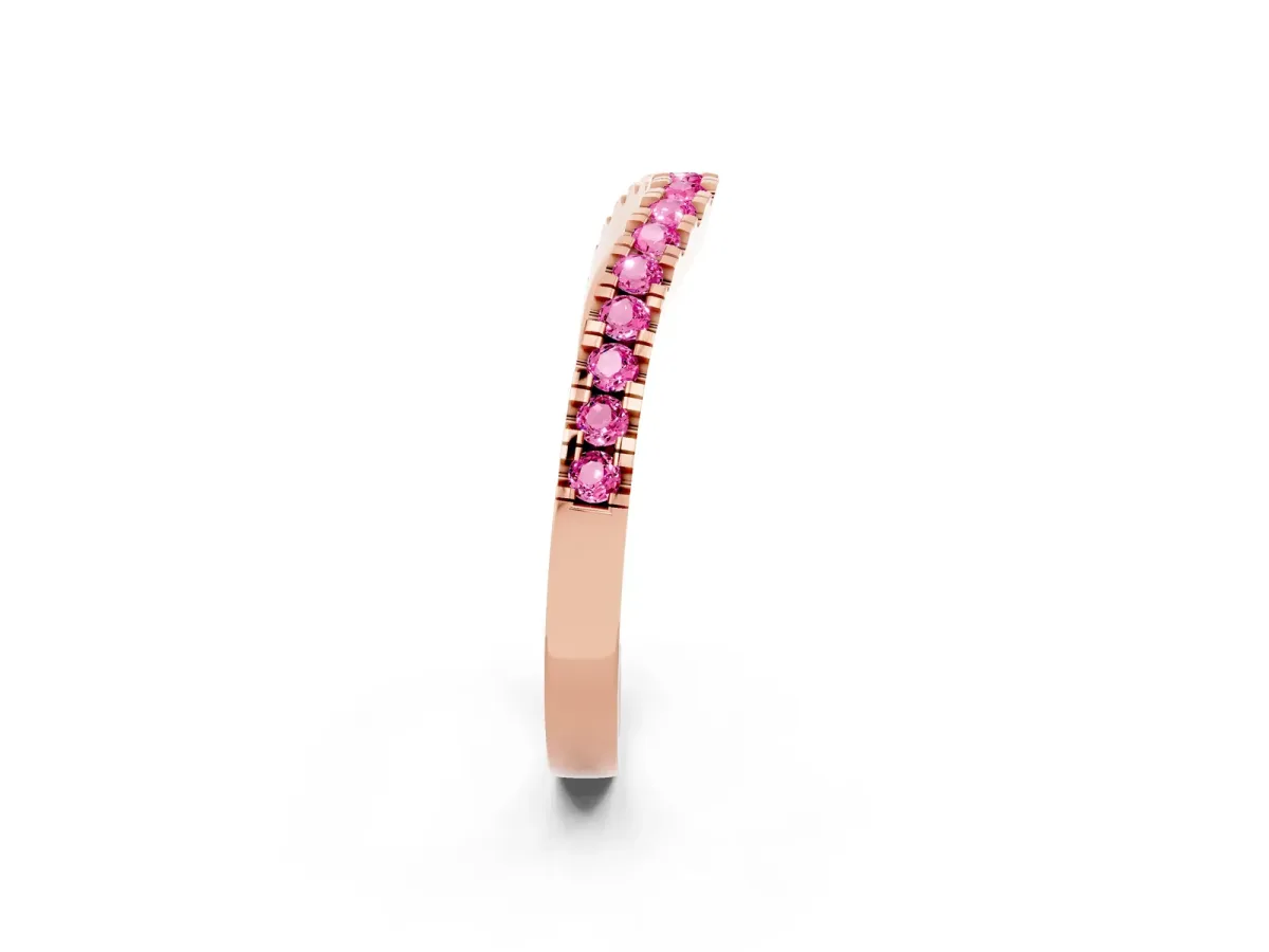 Round Pink Sapphire Pavé Curved Band with Shared Prong Setting Rose gold