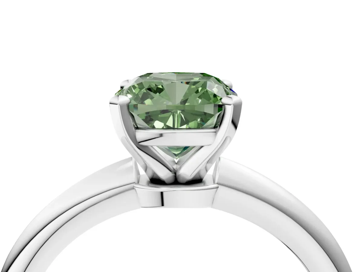 Fancy Green Cushion Cut Diamond Solitaire Ring with Six-Prong Setting and Classic Band Platinum
