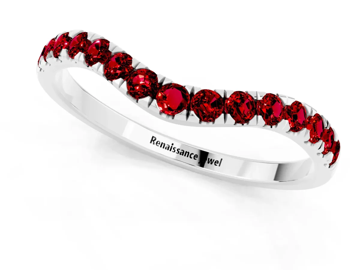 Curved Pavé Round Ruby Wedding Band with Shared Prong Setting Silver