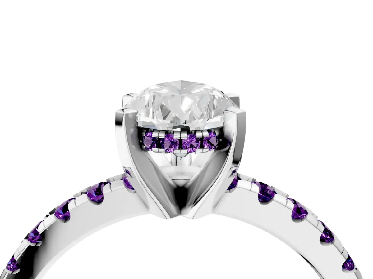 Pear Cut Diamond Solitaire Ring with Round Amethyst Pavé Band and Four-Prong Setting Silver
