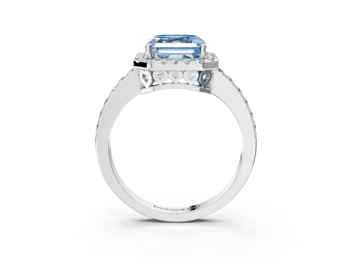 Fancy Blue Asscher Cut Halo Diamond Pavé Band Ring with Prong Setting Silver