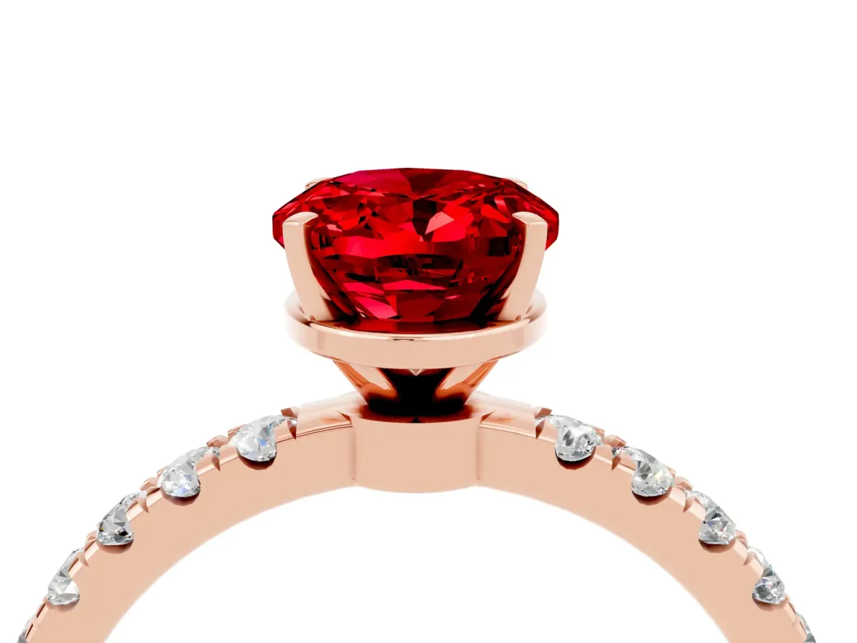 Oval Cut Ruby Solitaire Ring with Pavé Accents and Four-Prong Setting Rose gold