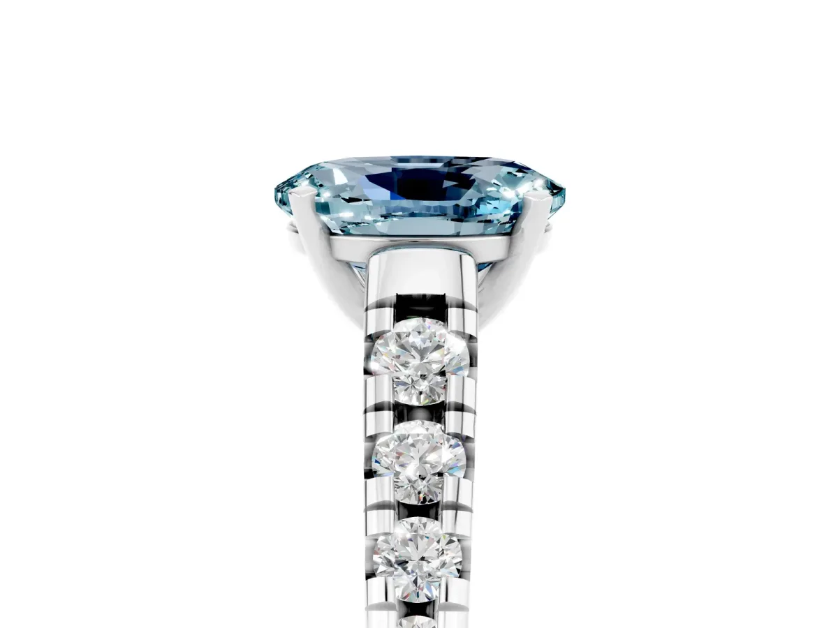 Oval Cut Aquamarine Cathedral Solitaire Ring with Round Pavé Band Silver
