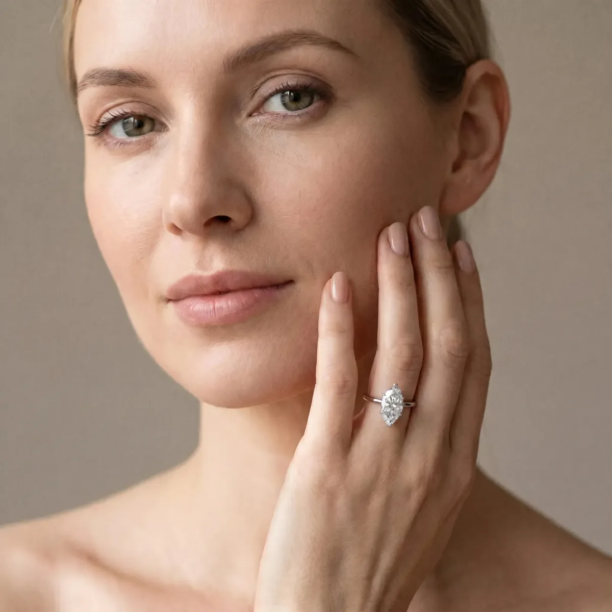 Marquise Cut Diamond Solitaire Engagement Ring with Classic Band and Four-Prong Setting Silver