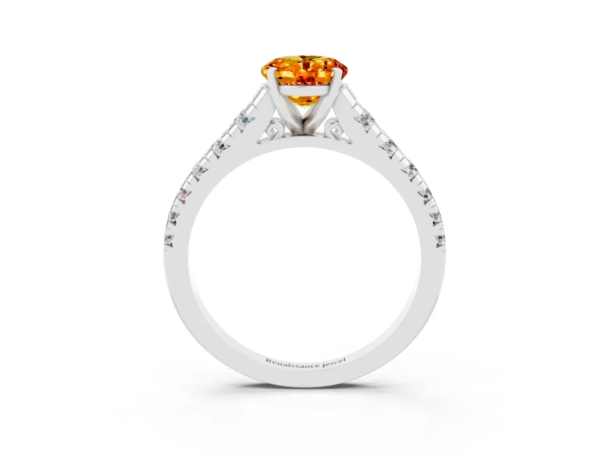 Oval Cut Citrine Cathedral Solitaire Ring with Round Pavé Band Platinum