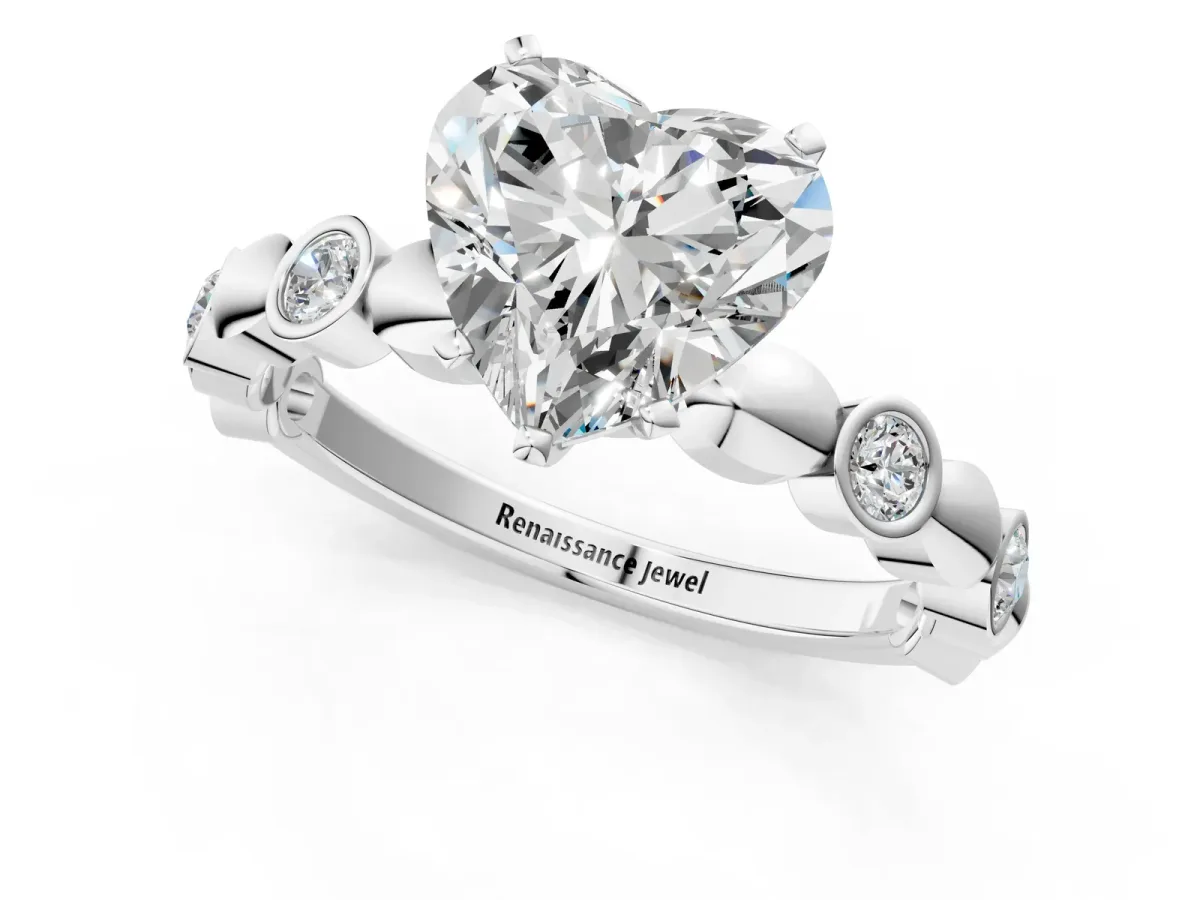 Heart Cut Solitaire Bezel-Set Diamond Ring with Beaded Band and Four-Prong Setting Silver