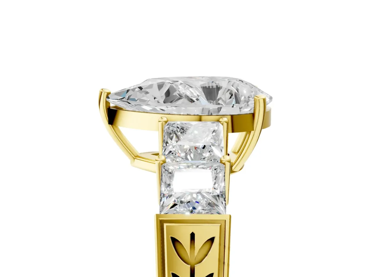Pear Cut Solitaire Princess Side Stone Engraved Band Prong Setting Ring Yellow gold